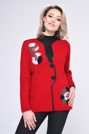 Gustowny sweter z wełnianymi aplikacjami, czerwony