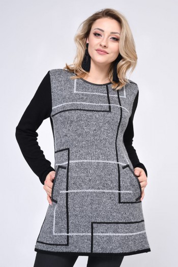 Długi sweter w geometryczne wzory, szary wzorzysty