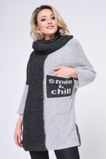 Długi sweter z efektownym kominem, szary+grafit