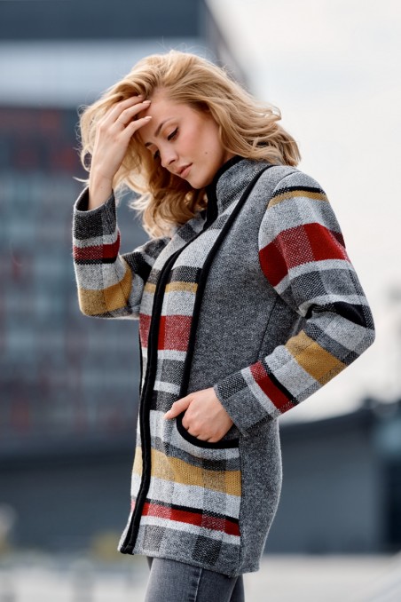Sweter zapinany na zamek, Szary + kolorowe paski
